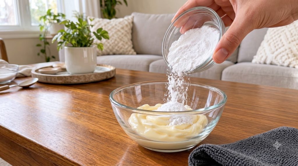 A hand pouring fine white powdered sugar from a small glass bowl into a larger glass bowl filled with a creamy light yel