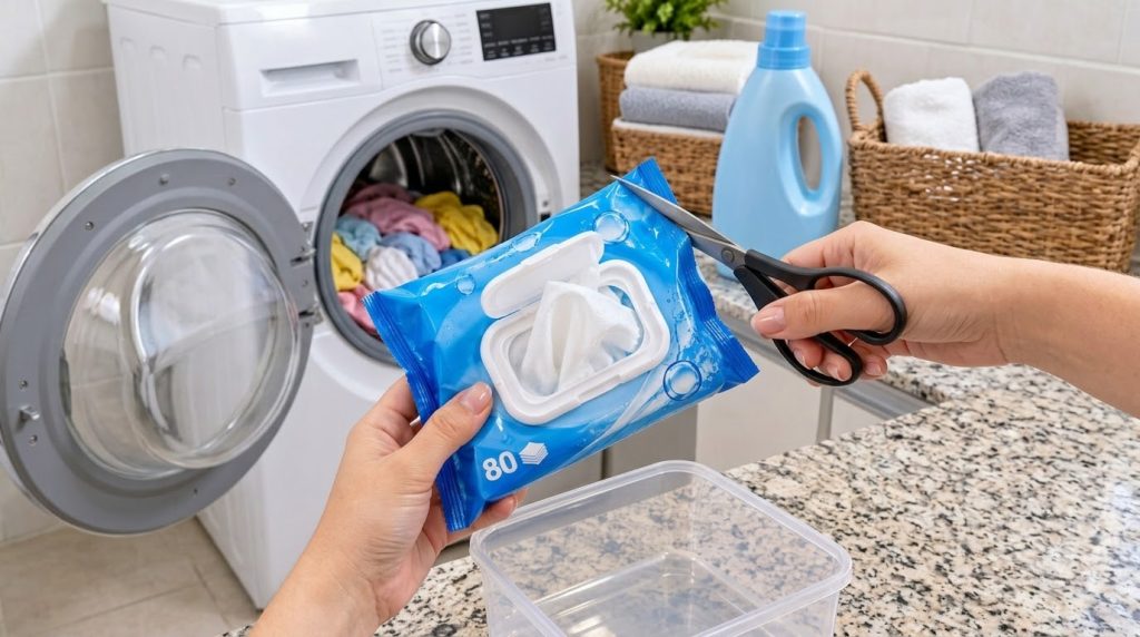 Hands holding a blue package of wet wipes and scissors positioned above an empty clear plastic container in a modern lau