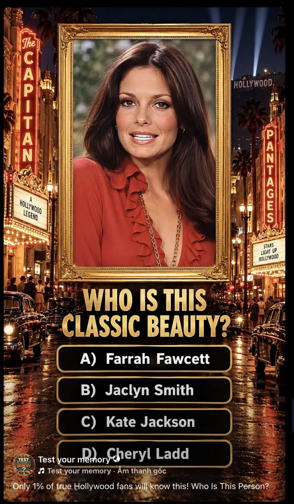 A portrait of Jaclyn Smith in an ornate golden frame superimposed over a vintage Hollywood street scene at night with ne