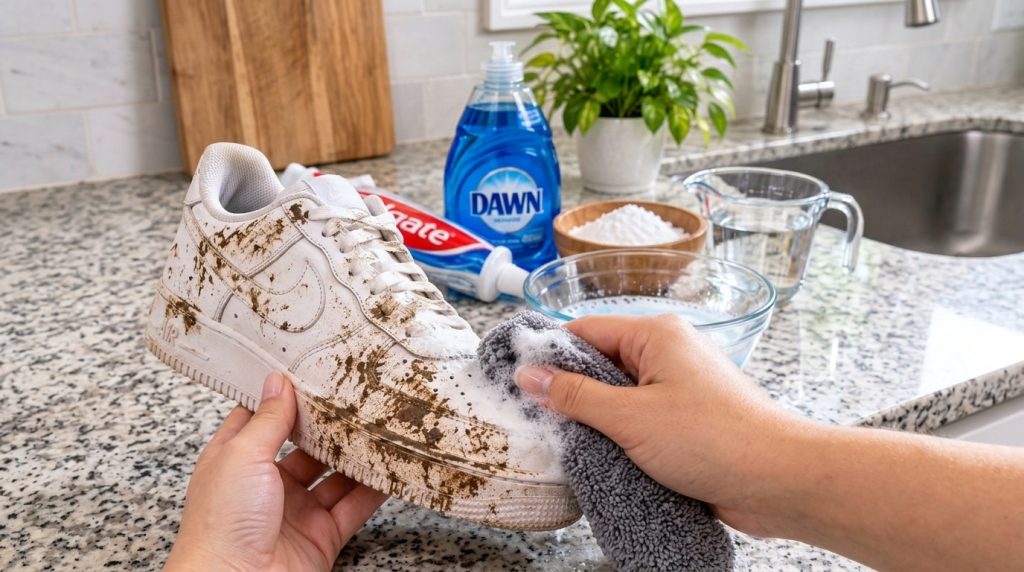 Hands meticulously cleaning a very dirty white sneaker with a grey microfiber towel and white foam showing the transform