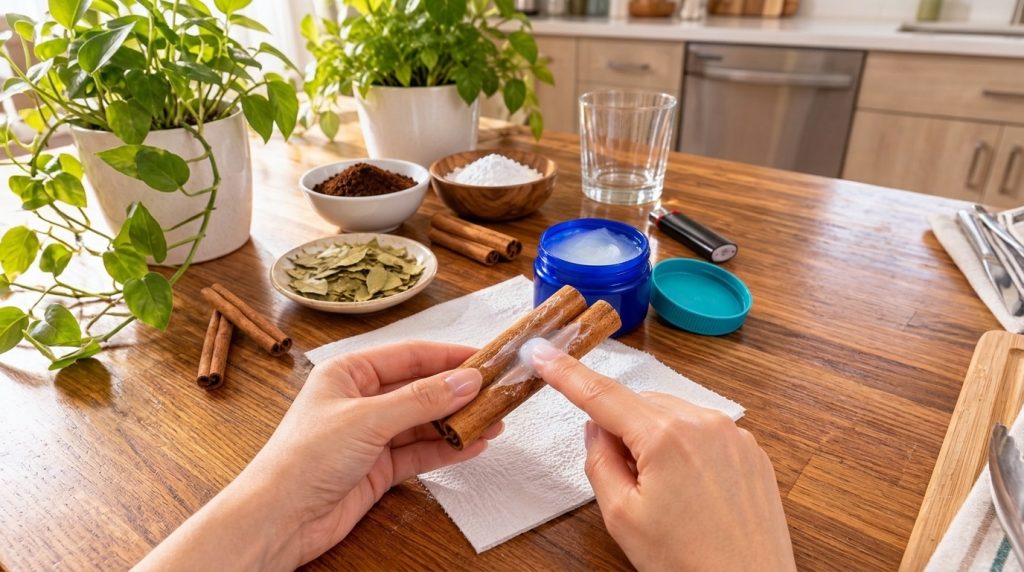 Close-up of hands applying a translucent gel to cinnamon sticks held over a white paper towel with natural ingredients l