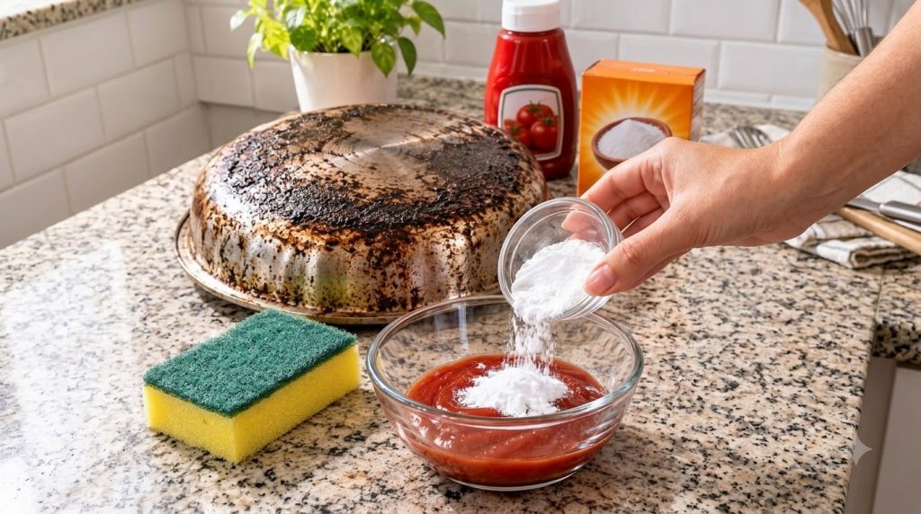 A heavily burnt inverted pan with visible black carbonized stains on its exterior sitting on a kitchen counter represent