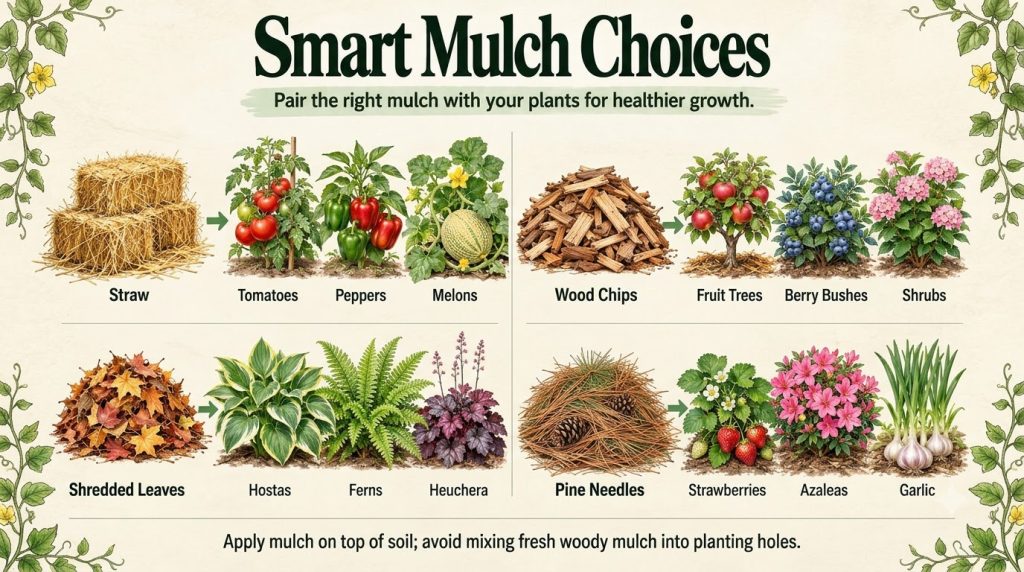 A visual guide to four types of garden mulch wood chips pine needles straw mulch and leaf mulch with illustrative exampl