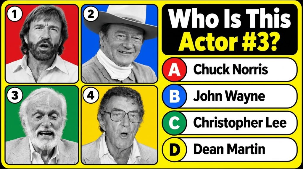 A four-panel celebrity quiz asking to identify Actor 3 showing black and white headshots of Chuck Norris John Wayne Chri