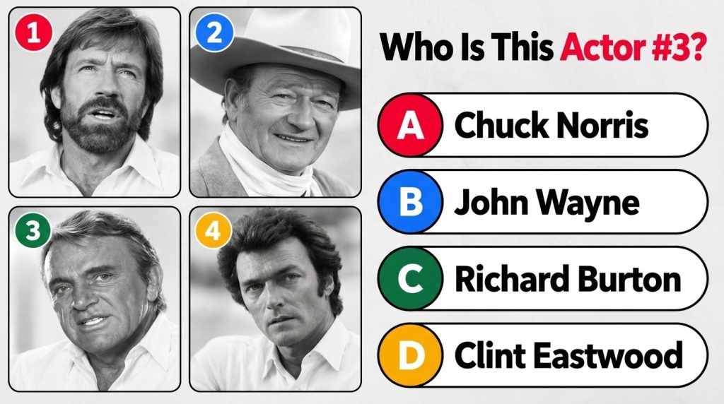 A black and white quiz image featuring Richard Burton and other actors with multiple-choice options