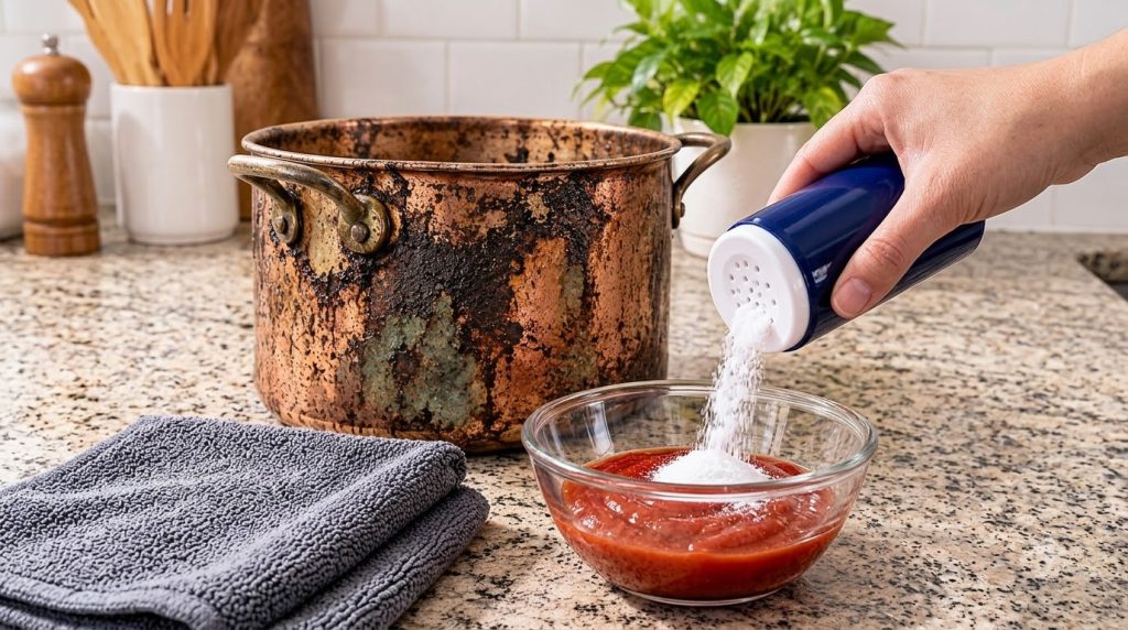 A hand pouring white powder into a glass bowl with a red paste next to a tarnished copper pot on a kitchen counter