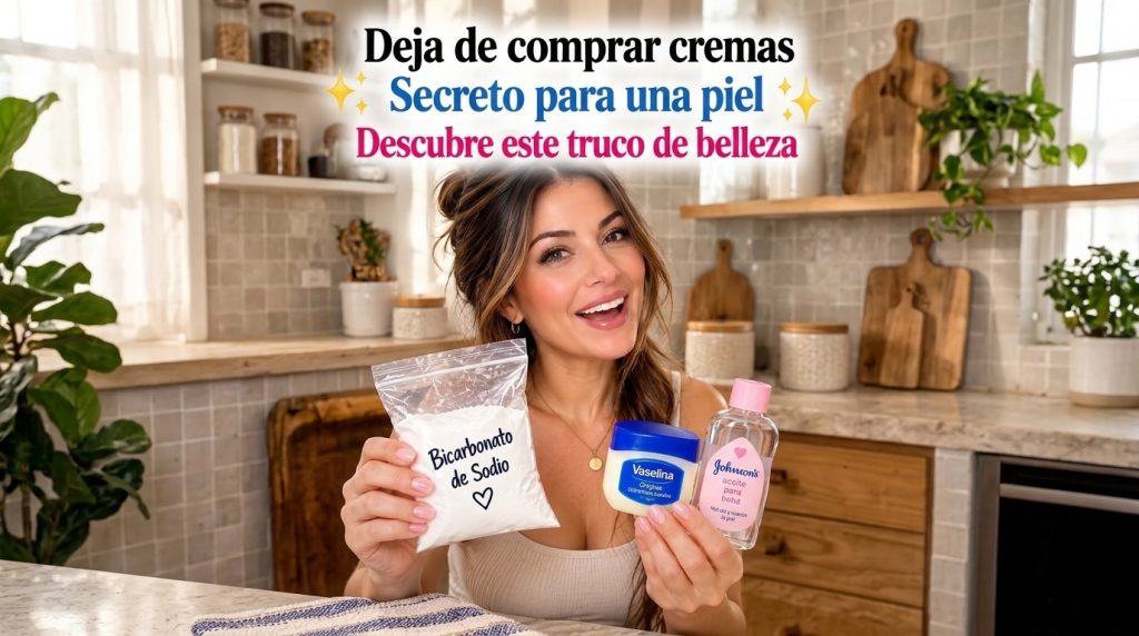 A smiling woman holding a bag of baking soda a tub of Vaseline and a bottle of baby oil against a softly blurred domesti