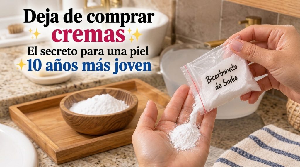 A person pouring baking soda from a bag into their palm in a bathroom