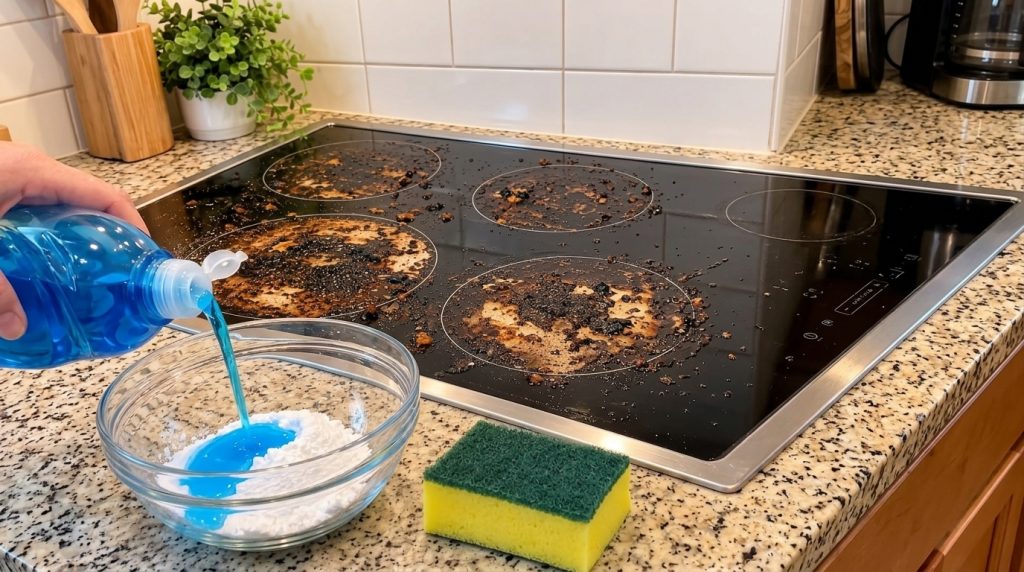 A hand pouring blue dish soap into a clear glass bowl containing white baking soda powder on a kitchen counter next to a
