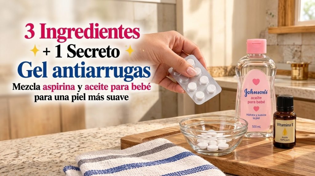 Ingredientes para un gel antiarrugas casero aspirina en un blister y en un cuenco aceite para bebés y aceite de vitamina