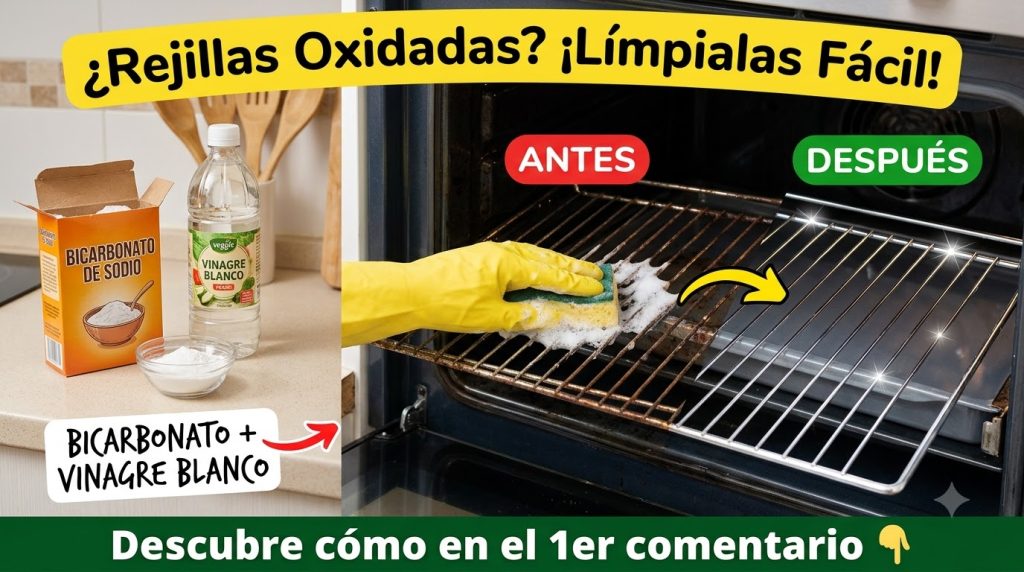A gloved hand sprinkling white powder on a rusty oven rack