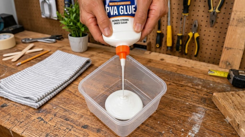Hands pouring PVA glue into a clear container on a rustic wooden workbench
