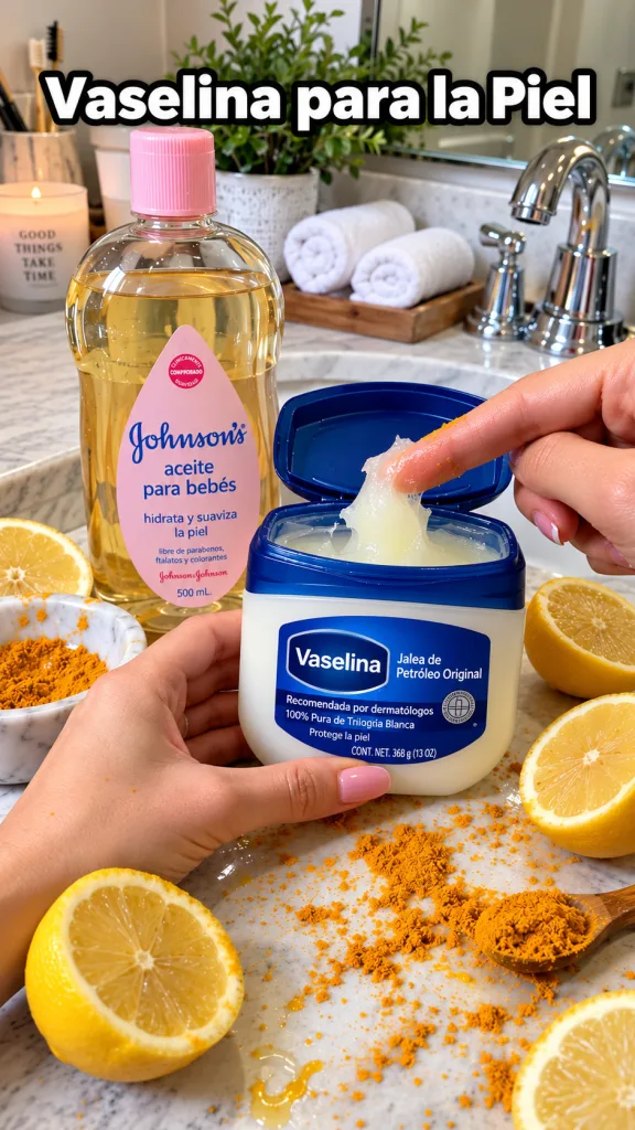 Hands preparing a DIY face mask with Vaseline baby oil lemon and turmeric on a bathroom counter with self-care elements