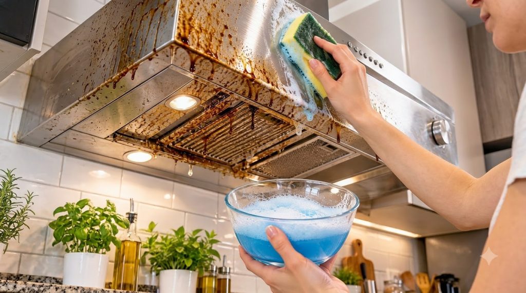 Una mano con un guante y una esponja de limpieza frotando una campana extractora de acero inoxidable manchada de grasa c