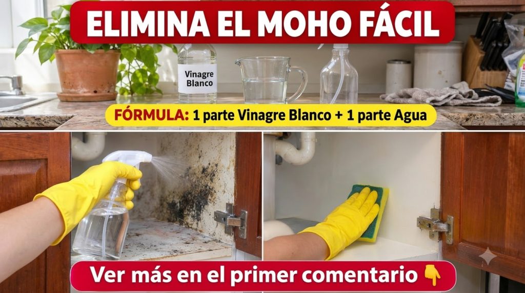 Inside of a kitchen cabinet affected by black and grey mold with yellow gloved hands holding spray bottles and cleaning