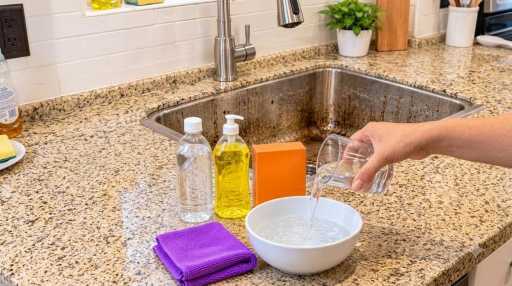 Una mano virtiendo agua en un fregadero de acero inoxidable sucio rodeado de productos de limpieza y una encimera de gra