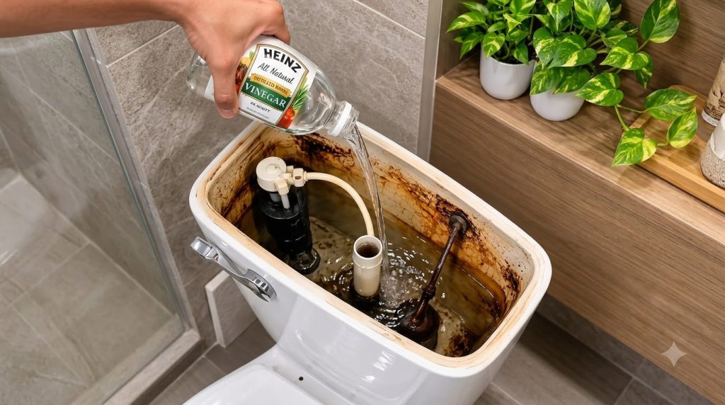 A hand holding a spray bottle filled with a vinegar cleaning solution spraying it onto a kitchen counter The counter is 
