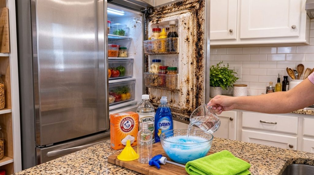 A dirty open refrigerator door on the right with cleaning supplies like baking soda white vinegar and dish soap on a woo