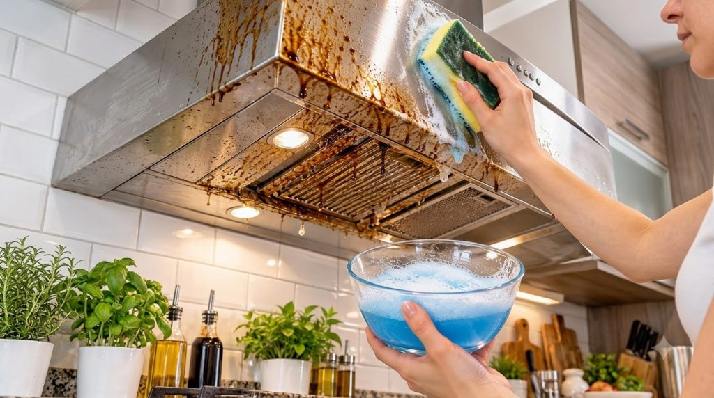 A person cleaning a very greasy stainless steel kitchen range hood with a green and yellow sponge creating white suds A 