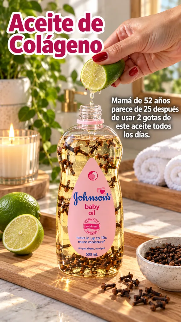 A Johnson s Baby Oil bottle filled with cloves and lime being squeezed into it on a wooden board with whole limes a cand