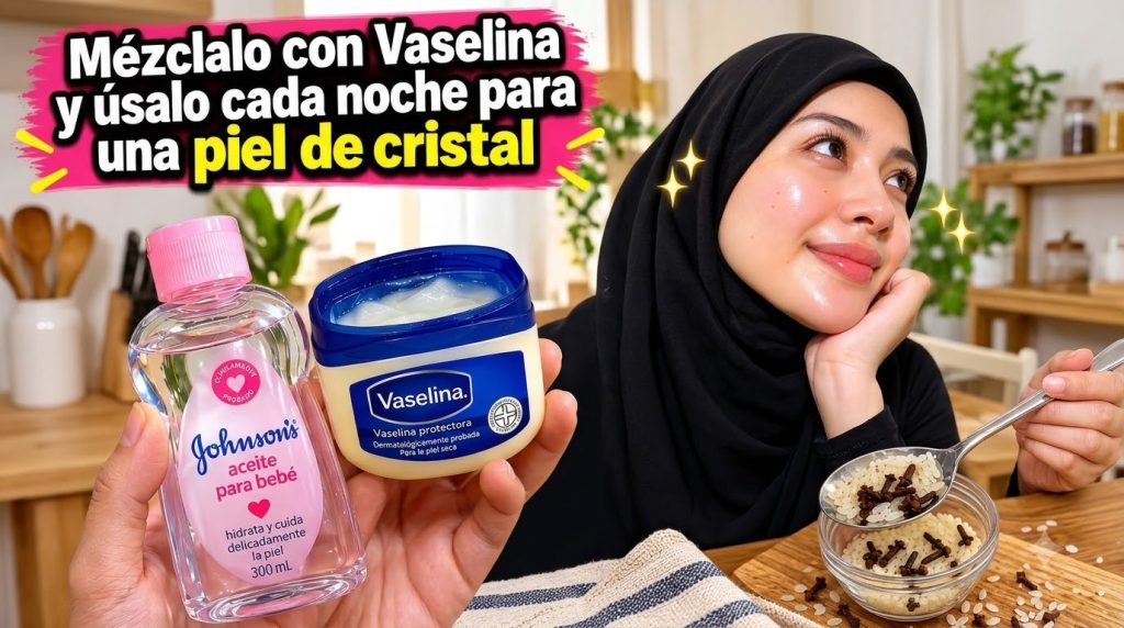 Una mujer con una tez radiante y húmeda sosteniendo una botella de aceite de bebé y un envase de Vaselina con un tazón p