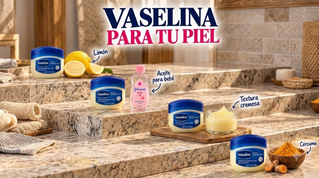 Multiple tubs of Vaseline Original Healing Jelly fresh lemons baby oil a creamy texture in a jar and turmeric powder wit