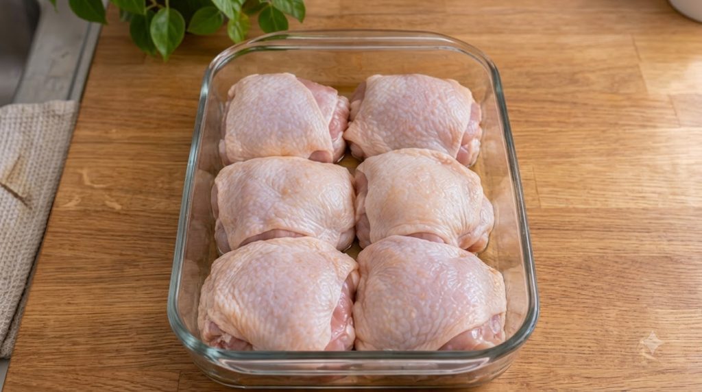 Perfectly golden and tender chicken thighs with garlic butter and herbs fresh out of the oven