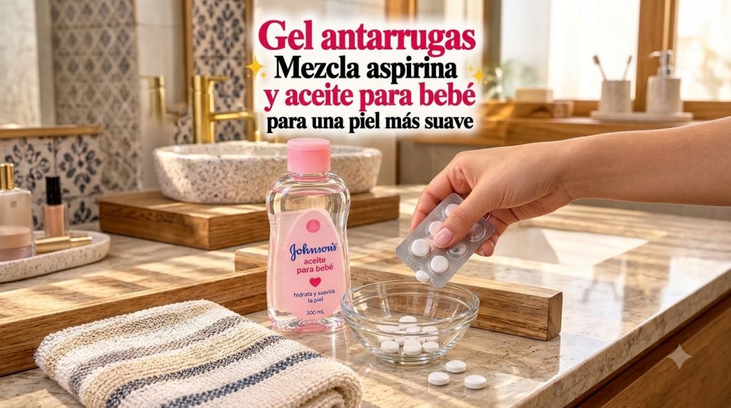 A close-up vertical shot showing a hand dropping aspirin pills into a small glass bowl next to a bottle of Johnson s bab