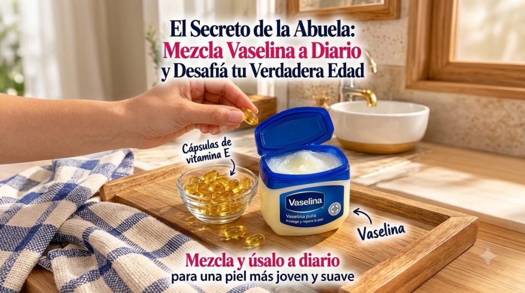 Una mano sosteniendo una cápsula de Vitamina E sobre un frasco abierto de vaselina con más cápsulas en un cuenco de cris