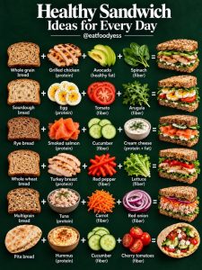 An overhead shot of six different healthy sandwiches and wraps each beautifully presented with their ingredients The bac