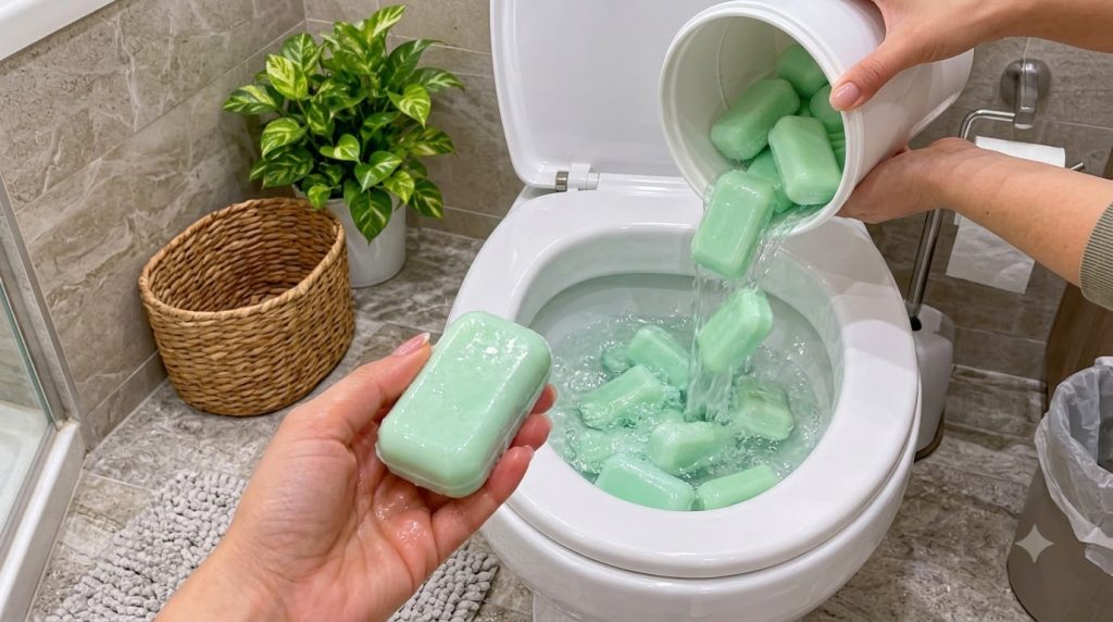 A close-up high-angle view of a toilet bowl with green soap bars being poured into the water Several soap bars are alrea