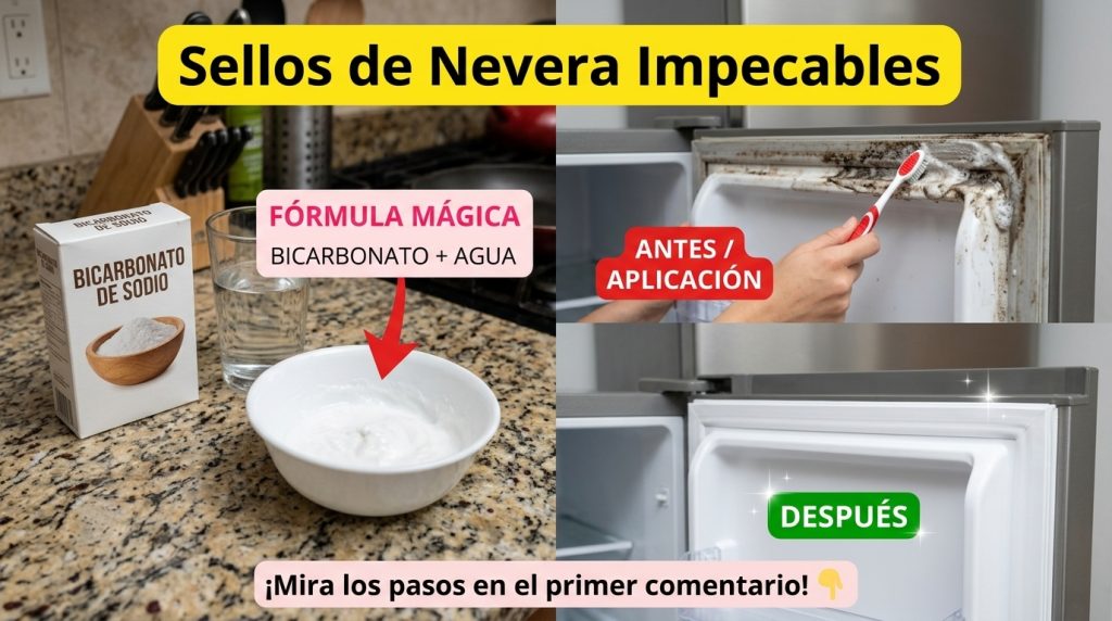 A hand scrubbing a dirty refrigerator seal with a white toothbrush The seal is visibly grimy with dark stains in the cre