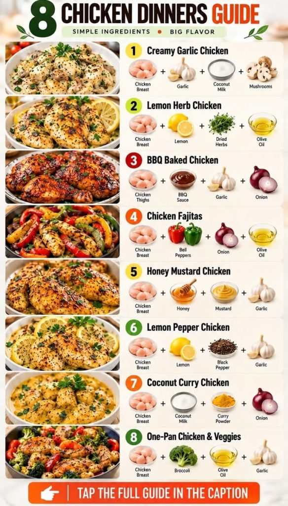 An infographic titled 8 Chicken Dinners Guide with eight visual representations of different chicken dishes and their ke