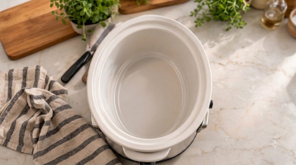 A large slow cooker filled with Salisbury steak and mushroom gravy ready to be served The steak patties are visible bene