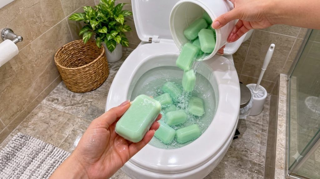 Close-up high-angle view of a person s hands placing green bar soap into a toilet bowl with gentle splashes and ripples 
