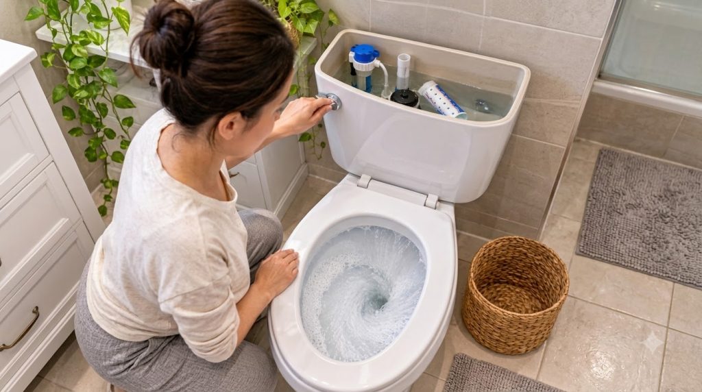 A person flushing a toilet with the toilet tank lid removed showing the internal mechanisms and water level while the bo