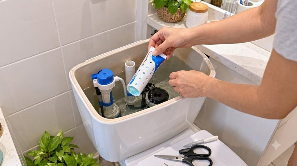 Hands holding a perforated empty toothpaste tube over an open toilet tank