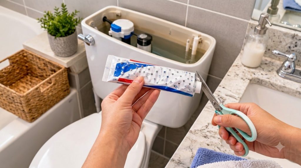 A person s hands in a bathroom holding a heavily squeezed and perforated toothpaste tube with scissors poised to cut it