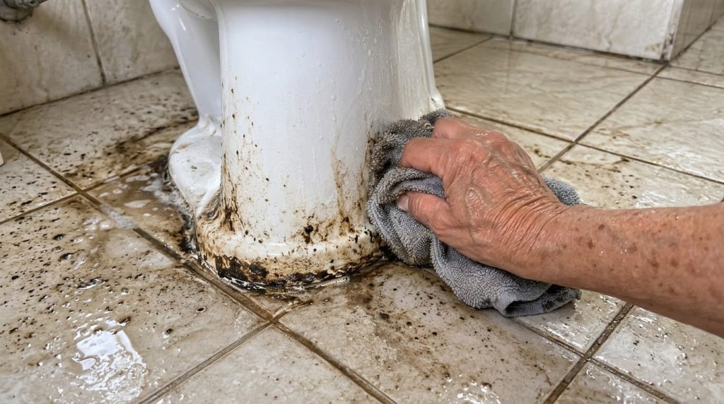 Una mano restregando la suciedad persistente en la unión entre un inodoro blanco y baldosas claras del suelo