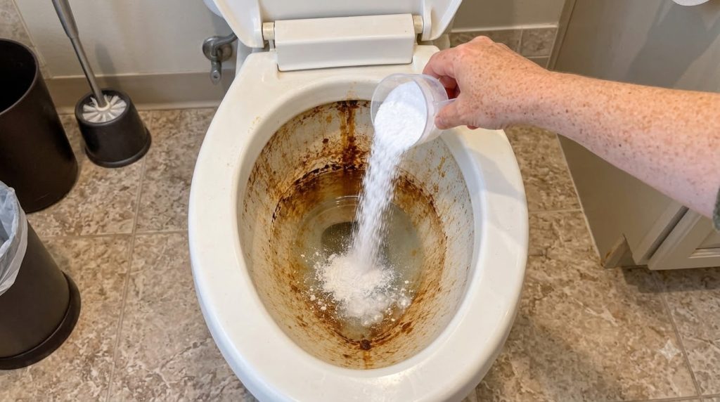 A hand pouring white powdery substance into a heavily stained toilet bowl focusing on the dark brown and rust-colored st