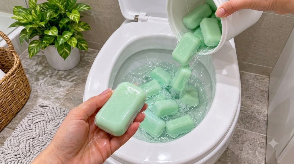 Manos colocando barras de jabón verde en la taza del inodoro con espuma y otras barras flotando
