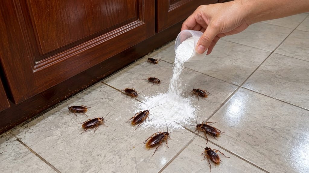 A close-up high-angle view of a hand pouring white powder from a clear plastic cup onto a tiled floor with several dark 