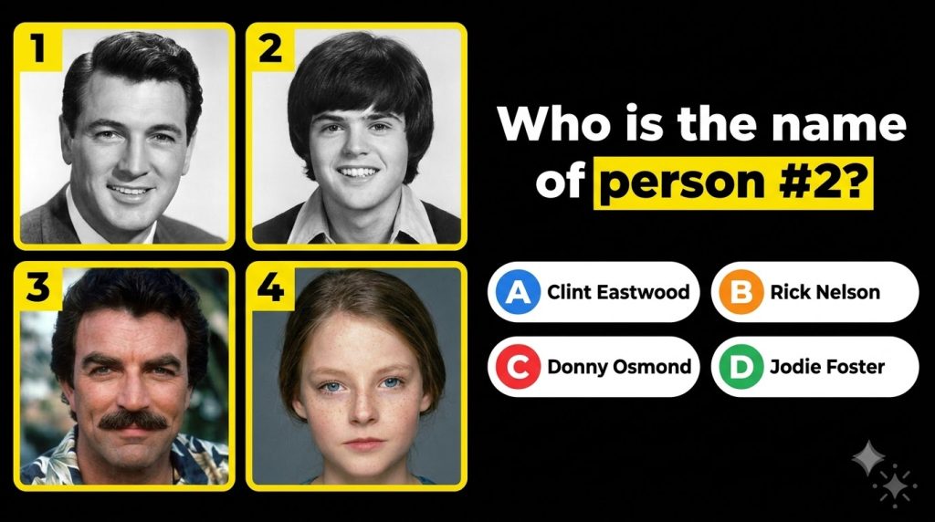 A social media quiz card showing four celebrity headshot portraits numbered 1 through 4 with a question Who is the name 