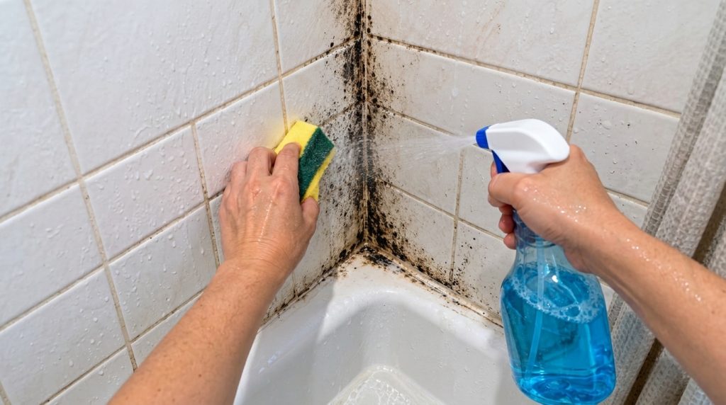 Close-up of hands wearing yellow gloves one spraying a blue cleaning solution from a clear bottle onto a tiled bathroom 