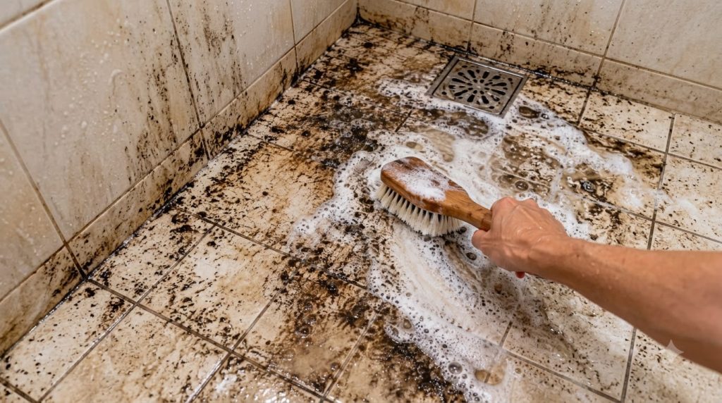 Close-up high-angle view of a hand actively scrubbing a heavily soiled tiled floor with a wooden-handled scrub brush pus