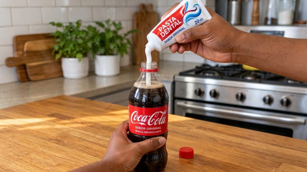 Hands squeezing toothpaste into a bottle of Coca-Cola on a wooden countertop with white tiles in the background