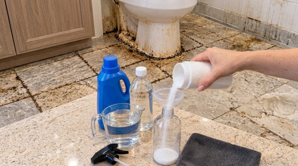 A hand pouring white granular substance into a clear spray bottle through a funnel with other cleaning supplies and a di