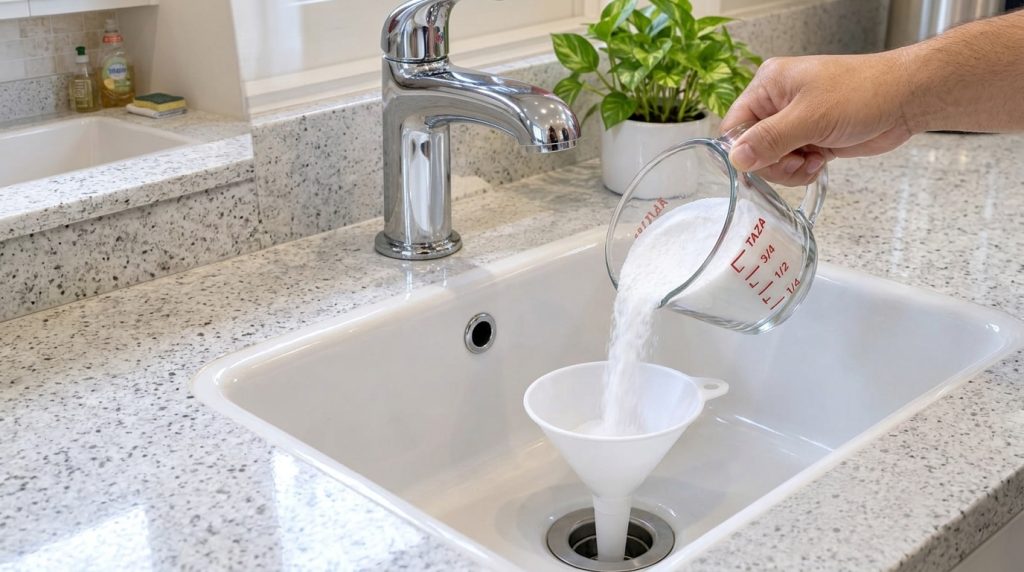 A close-up shot of a hand pouring a white powdery substance baking soda from a clear measuring cup into a sink drain usi