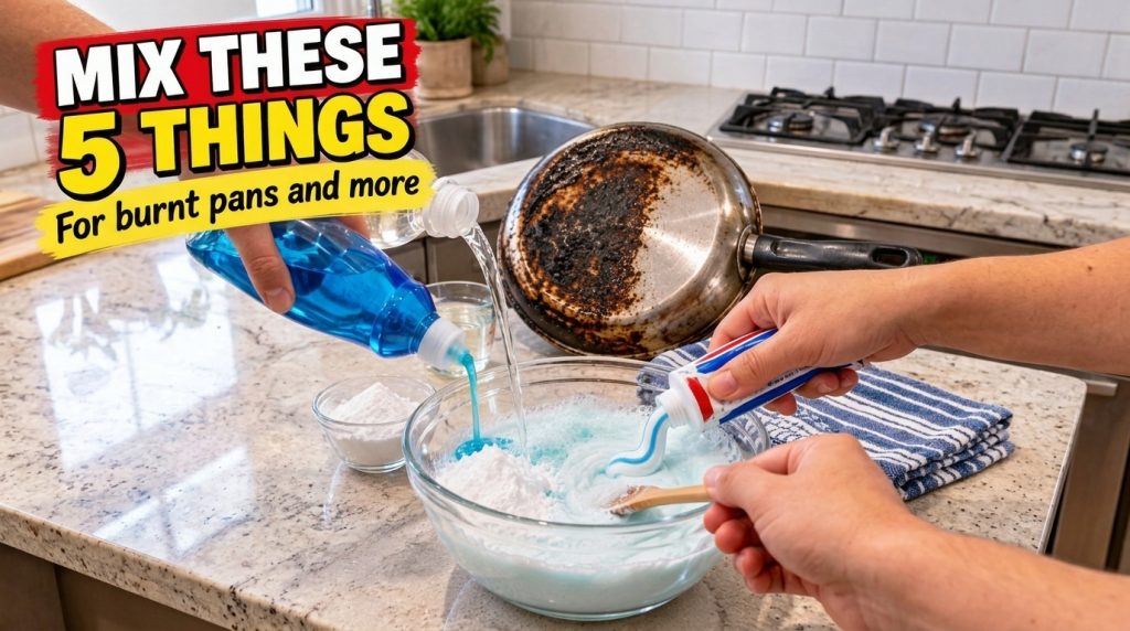Hands mixing a white powdery mixture with blue dish soap and white toothpaste in a clear glass bowl on a granite counter