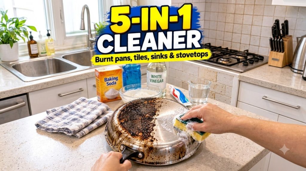An overhead shot of hands cleaning a burnt frying pan on a kitchen countertop with baking soda dish soap and white vineg